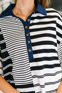 Thumbnail for Everlasting Love Striped Collared Dress in Black and Navy