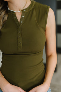 Thumbnail for Everyday Edge Knit Henley Tank in Camo Green