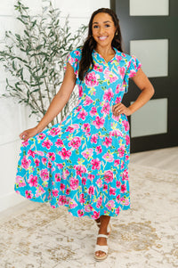 Thumbnail for Fleurget Me Not Tiered Flutter Sleeve Dress in Aqua