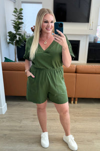 Thumbnail for Short Sleeve V-Neck Romper in Army Green