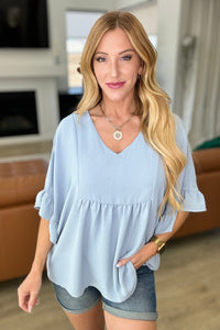 Thumbnail for Airflow Peplum Ruffle Sleeve Top in Chambray