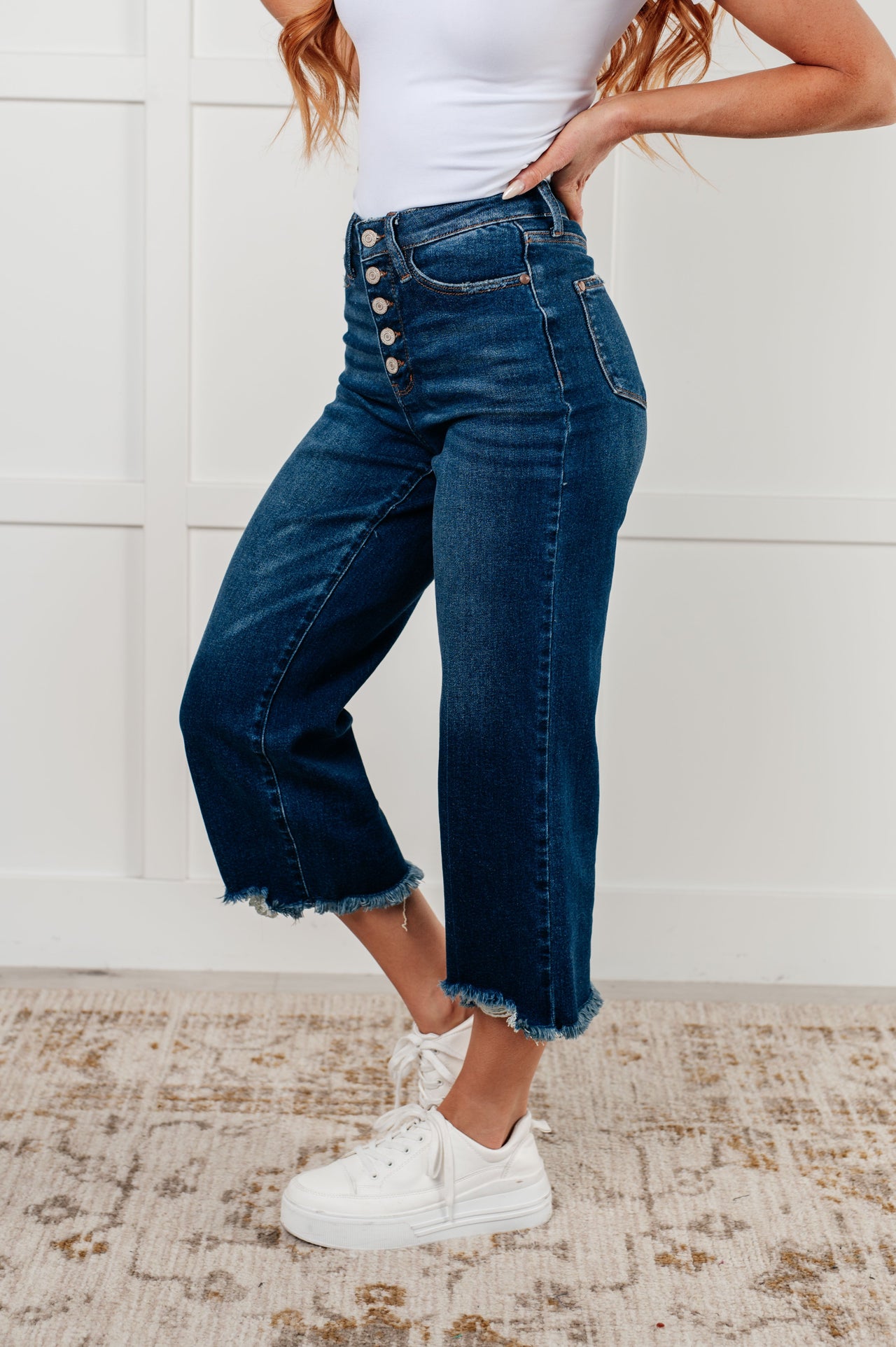 Janice High Rise Button Fly Wide Leg Crop Jeans