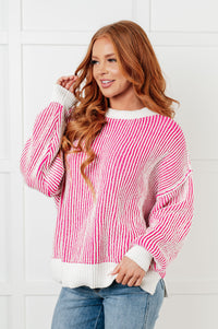 Thumbnail for Least High Maintenance Contrast Trim Sweater in Pink