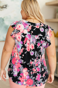 Thumbnail for Lizzy Flutter Sleeve Top in Black and Dusty Pink Floral