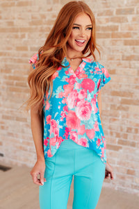 Thumbnail for Lizzy Flutter Sleeve Top in Blue and Pink Roses