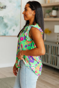Thumbnail for Lizzy Flutter Sleeve Top in Emerald and Purple Floral