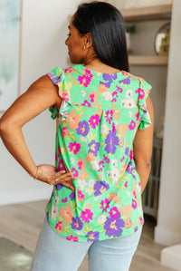 Thumbnail for Lizzy Flutter Sleeve Top in Emerald and Purple Floral