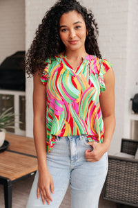 Thumbnail for Lizzy Flutter Sleeve Top in Green Multi Abstract Stripe