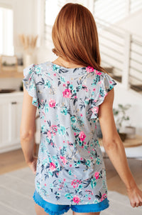 Thumbnail for Lizzy Flutter Sleeve Top in Grey and Mint Floral