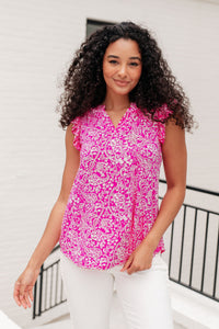 Thumbnail for Lizzy Flutter Sleeve Top in Hot Pink and White Floral