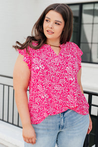 Thumbnail for Lizzy Flutter Sleeve Top in Hot Pink and White Floral