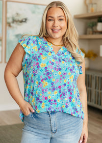 Thumbnail for Lizzy Flutter Sleeve Top in Teal and Purple Floral