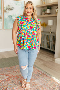 Thumbnail for Lizzy Flutter Sleeve Top in Teal and Red Mod Floral