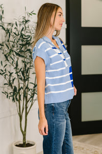 Thumbnail for Lonely Traveler Striped Quarter Zip Vest – Cool Blues, Cozy Vibes