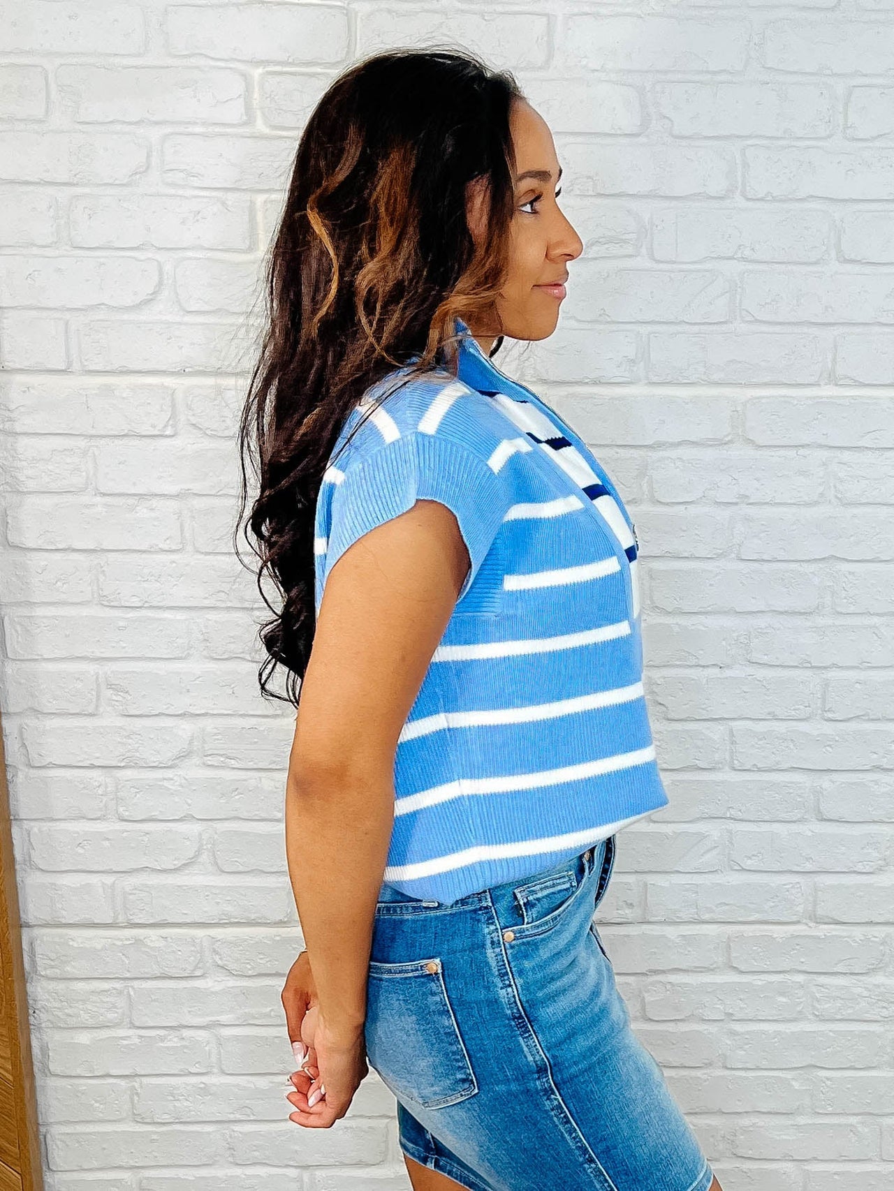 Lonely Traveler Striped Quarter Zip Vest – Cool Blues, Cozy Vibes