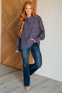 Thumbnail for Lucid Dream Ruffle Neckline Blouse in Navy