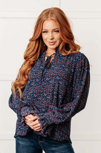 Thumbnail for Lucid Dream Ruffle Neckline Blouse in Navy