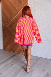 Thumbnail for Noticed in Neon Checkered Cardigan in Pink and Orange