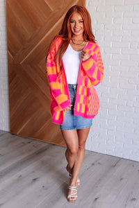 Thumbnail for Noticed in Neon Checkered Cardigan in Pink and Orange