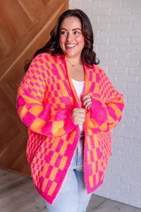 Thumbnail for Noticed in Neon Checkered Cardigan in Pink and Orange