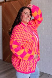 Thumbnail for Noticed in Neon Checkered Cardigan in Pink and Orange