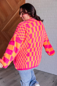 Thumbnail for Noticed in Neon Checkered Cardigan in Pink and Orange