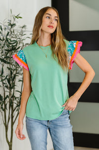 Thumbnail for Petals & Poise Floral Flutter Sleeve Top in Green