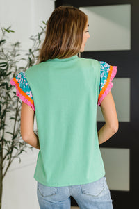 Thumbnail for Petals & Poise Floral Flutter Sleeve Top in Green