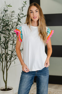 Thumbnail for Petals & Poise Floral Flutter Sleeve Top in White