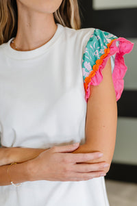 Thumbnail for Petals & Poise Floral Flutter Sleeve Top in White