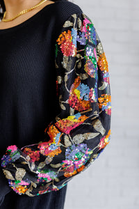 Thumbnail for She is the Party Floral Sequins Mesh Sleeve Top