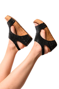 Thumbnail for Ashley Wedge Sandals in Black Rhinestone