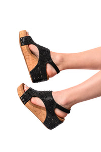 Thumbnail for Ashley Wedge Sandals in Black Rhinestone