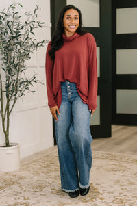 Thumbnail for Travel Destination Cowl Neck Pullover in Wine