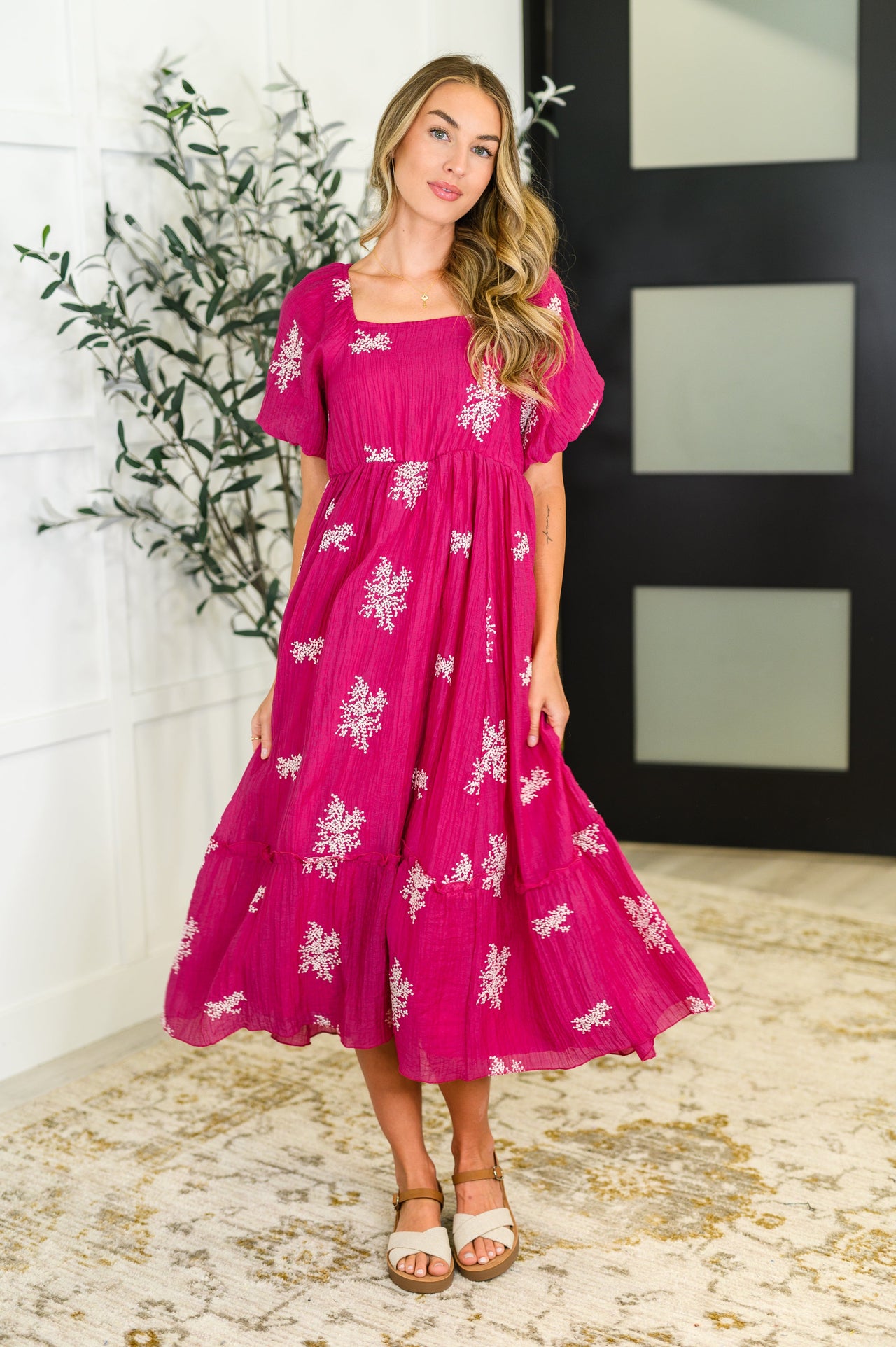 Twirl in Bloom Square Neck Dress – Hot Pink Elegance in Motion