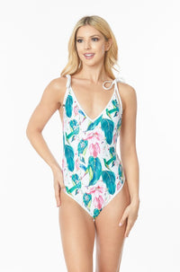 Thumbnail for ONE PIECE BATHING SUIT FLORAL PRINT SHOULER TOP TI