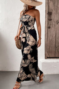 Thumbnail for Printed Strapless Wide Leg Jumpsuit with Pockets