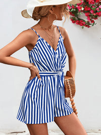 Thumbnail for Striped Tie Waist Spaghetti Strap Romper