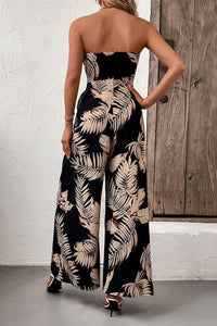 Thumbnail for Printed Strapless Wide Leg Jumpsuit with Pockets