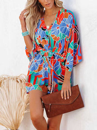 Thumbnail for Tied Printed Kimono Sleeve Romper