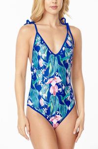 Thumbnail for ONE PIECE BATHING SUIT FLORAL PRINT SHOULER TOP TI