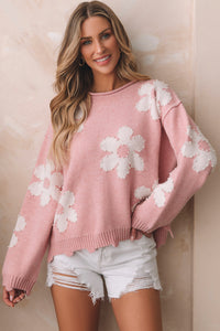 Thumbnail for Flower Pattern Pearl Detail Rolled Slit Sweater