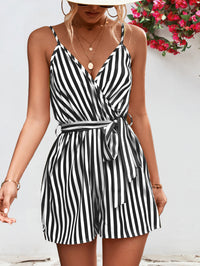 Thumbnail for Striped Tie Waist Spaghetti Strap Romper