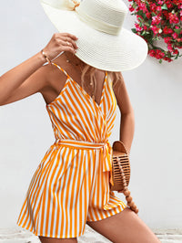 Thumbnail for Striped Tie Waist Spaghetti Strap Romper