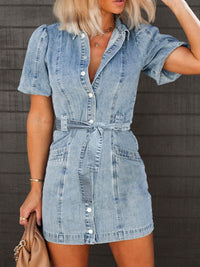 Thumbnail for Puff Sleeve Button Up Mini Denim Dress