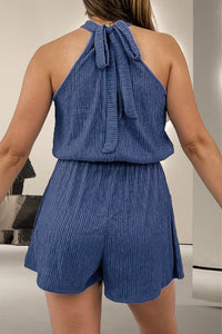 Thumbnail for Tied Textured Pocketed Sleeveless Romper