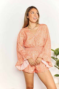 Thumbnail for Double Take Printed Flare Sleeve Surplice Romper