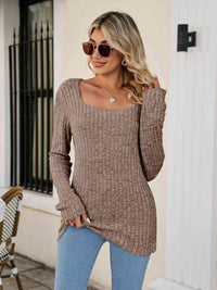 Thumbnail for Square Neck Ribbed Long Sleeve T-Shirt