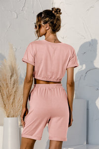 Thumbnail for Short Sleeve Cropped Top and Drawstring Shorts Lounge Set