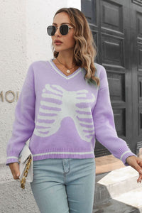 Thumbnail for Skeleton Pattern V-Neck Long Sleeve Pullover Sweater